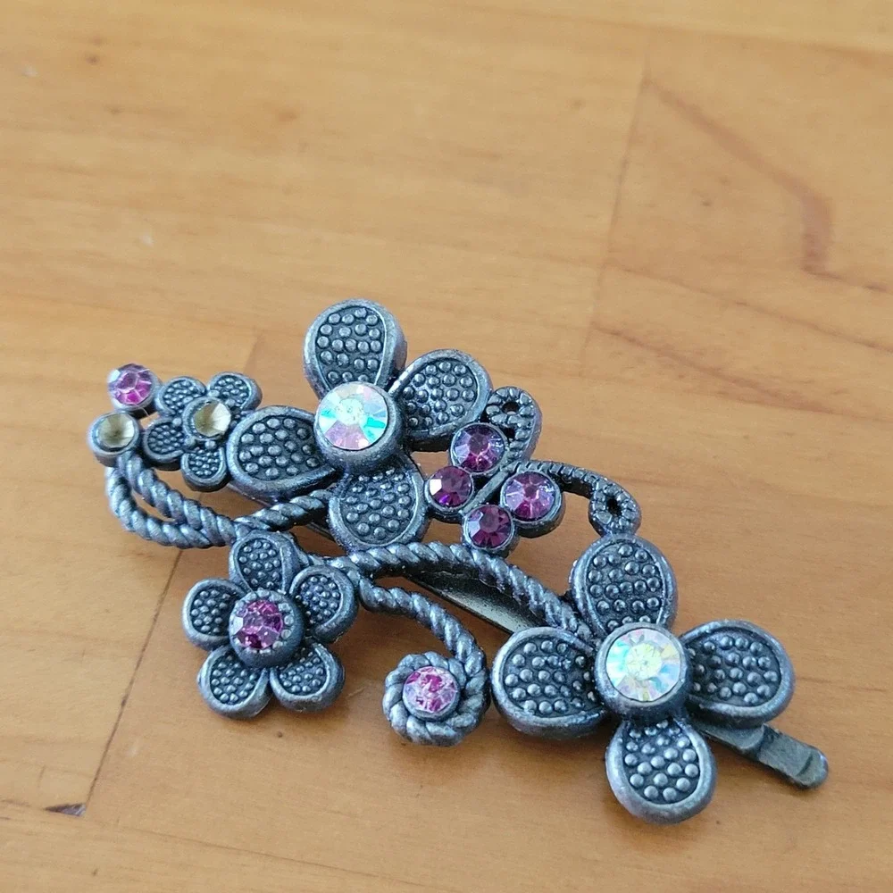 Vintage Floral Rhinestone French Barrette Pink AB Crystal Silver Tone